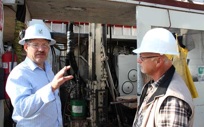 Areva Resources Canada geologist John Robbins (left) and UEX CEO Graham Thody at the Shea Creek uranium project in Saskatchewan. Source: UEX