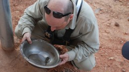 True Gold Mining's vice-president of exploration Scott Heffernan examining sulphide mineral grains panned from reverse circulation samples samples at the Watinoma discovery at the Karma gold project in Burkina Faso.  Source: True Gold Mining