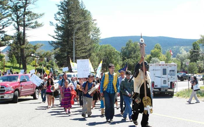 Opponents of Taseko Mines' New Prosperity copper-gold project protest at a public hearing in Williams Lake, British Columbia.  Photo by Gwen Preston.