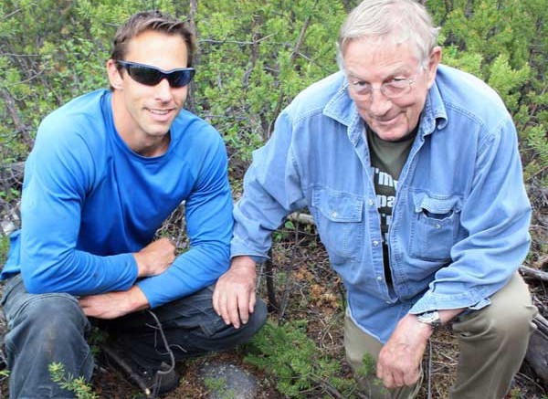 Alpha Minerals' father-son duo Garrett Ainsworth, vice president of exploration  (left), and Ben Ainsworth, president, CEO and director (right) pose for a picture at the Patterson Lake South project in Saskatchewan. Source: Alpha Minerals