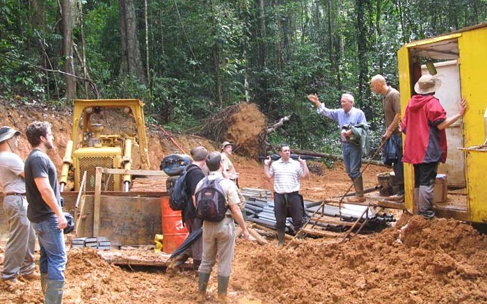 Columbus Gold CEO Robert Giustra (second from right) and country manager Andre Adam (third from right) address visitors at a drill site at the Paul Isnard gold project in northwest French Guiana. Source:  Columbus Gold