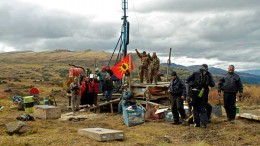 Elders, warriors and escorts representing the Tahltan Nation occupy a drill site in September at Fortune Minerals' Arctos coal project in northwest British Columbia. Photo by Tamo Campos.