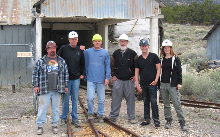 At the entrance to the historic Lower Deer Trail gold mine in Utah, from left: lead miner Shane Morrison, chairman Arthur Brown, president Michael Callahan, vice-president of exploration Eric Saderholm, CEO Warwick Smith and investor relations representative Erin Ostrom. Photo by Adrian Pocobelli.