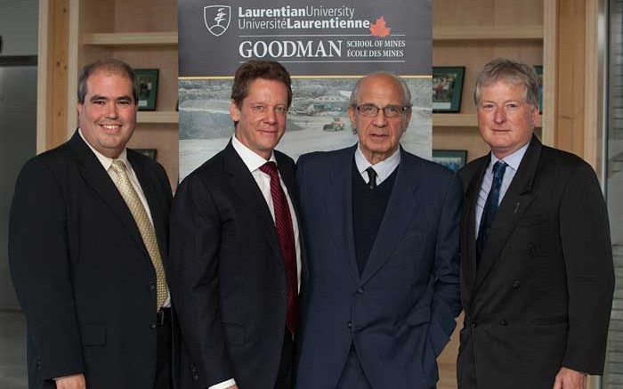 At the launch of the Goodman Talks public lecture series at Laurentian University in Sudbury, Ontario. From left: Laurentian University president Dominic Giroux; Ivanhoe Mines chairman and inaugural speaker Robert Friedland; Dundee Corp. CEO and Laurentian benefactor Ned Goodman; and Goodman School of Mines executive director Bruce Jago. Source: Laurentian University