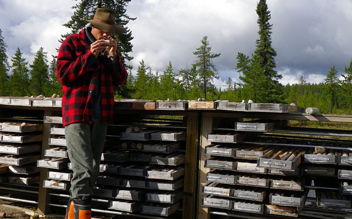 Azincourt president and CEO Ted O'Connor examines historical drill core at the Patterson Lake North project in Saskatchewan. Credit: Azincourt  Uranium