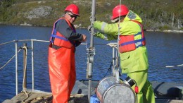 Workers conduct vibracore drilling on a tailings pond at Coastal Gold's Hope Brook gold project in Newfoundland. Credit: Coastal Gold
