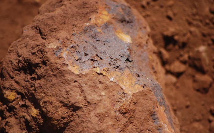 A rock from the upper, gold-bearing oxidized hematite layer at Nevsun's Bisha project in Eritrea.  Photo by Gwen Preston.