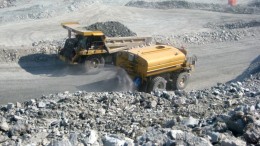 Mining trucks at Agnico Eagle's Meadowbank gold mine in Nunavut. Photo by Salma Tarikh.