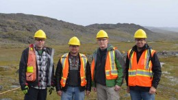 At the West Raglan nickel sulphide exploration project in northern Quebec's Cape Smith belt, from left: True North Nickel's Phil Smerchanski, vice-president of exploration; Donald McInnes, co-chair and CEO; Sean Tetzlaff, chief financial officer; and Alex Holmes, vice-president of business development. Credit: True North Nickel