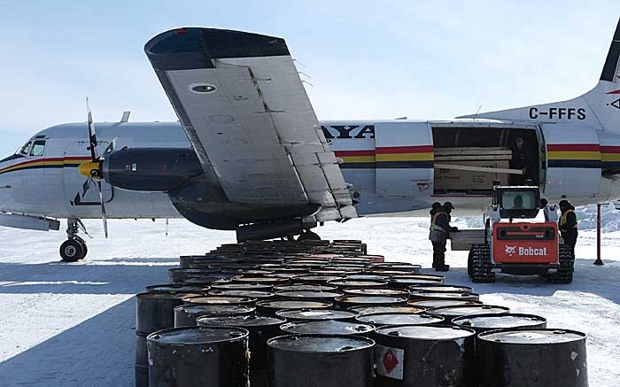 Supplies unloaded from an aircraft on a frozen lake at the Monument Bay property in March 2014. Photo by Anthony Vaccaro.