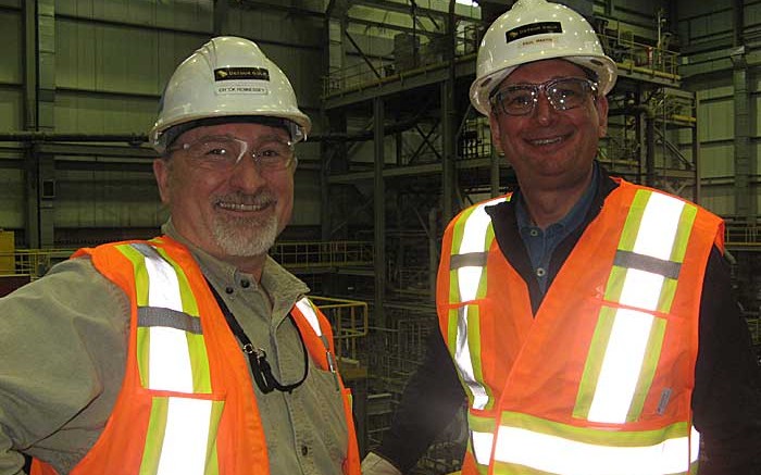 Detour Gold general manager of operations Chuck Hennessey (left) with president and CEO Paul Martin in the processing plant at the Detour Lake gold mine in Ontario. Photo by Trish Saywell.