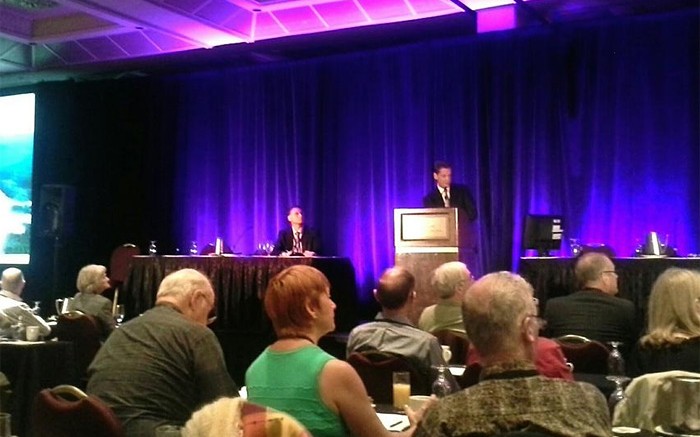 Robert Friedland of Ivanhoe Mines talks "Mega Wealth Through Mega Discoveries" at the Sprott Natural Resource Symposium in Vancouver in late July. Photo by Matt Keevil.