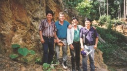 Bre-X Minerals personnel at the Busang property in Indonesia in 1996, from left: Jerry Alo, John Felderhof, Michael de Guzman and Cesar Puspos. Photo by Vivian Danielson of The Northern Miner.