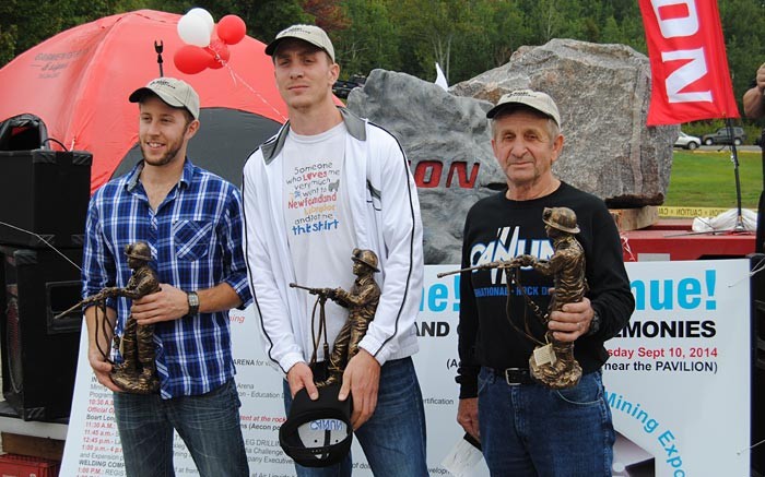 The top three finishers in the Ontario Jackleg Drilling Competition were awarded a statue of a jackleg driller. From left: Matt Sandrin, first place; Brian Scott, second place; and Roger Lamoureux, third place. Credit: North America Mining Expo