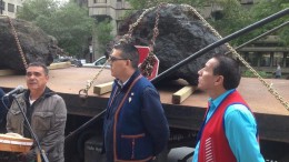 Returning iron-ore boulders to Iron Ore Co. of Canada's head office in October, from left: Florent Vollant, songwriter and composer; Mike McKenzie, chief of Uashat Mak Mani-Utenam Innu; and Ral McKenzie, chief of the Matimekush-Lac John Innu. Credit: Innu Takuaikan Uashat Mak Mani-Utenam