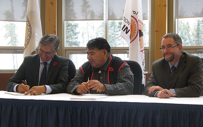 Sealing the deal, from left: Grand Chief Matthew Coon Come, Grand Council of Crees; Chief Matthew Wapachee, Cree Nation of Nemaska; and Guy Bourassa, Nemaska Minerals president and CEO. Photo by Trish Saywell.