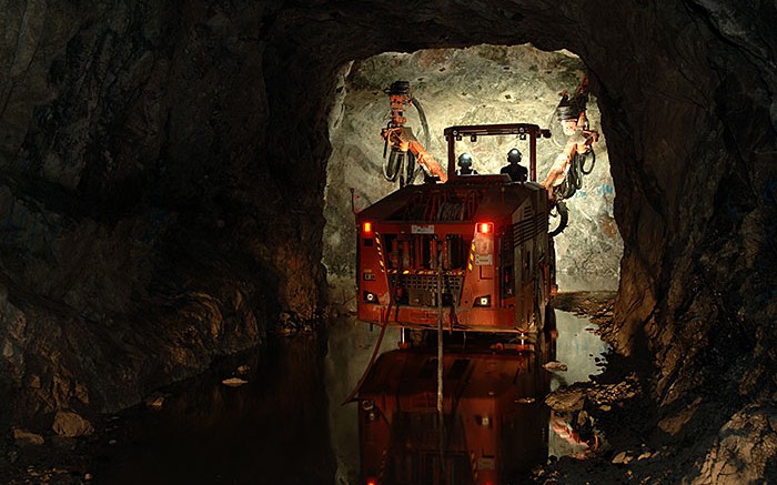 Workers on a jumbo in Scorpio Mining's Nuestra Senora silver-zinc-copper-lead mine in Sinaloa, Mexico.  Credit: Scorpio Mining