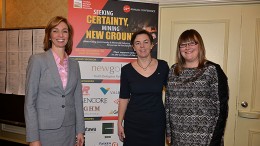 Kellie Leitch (centre), Canada's Minister of Labour and Minister of Status of Women, at the 22nd annual Canadian Aboriginal Minerals Association conference in Toronto, with Women in Mining Canada's project manager Kelly Cooper (left), and president, Tabetha Stirrett. Credit: Status of Women Canada