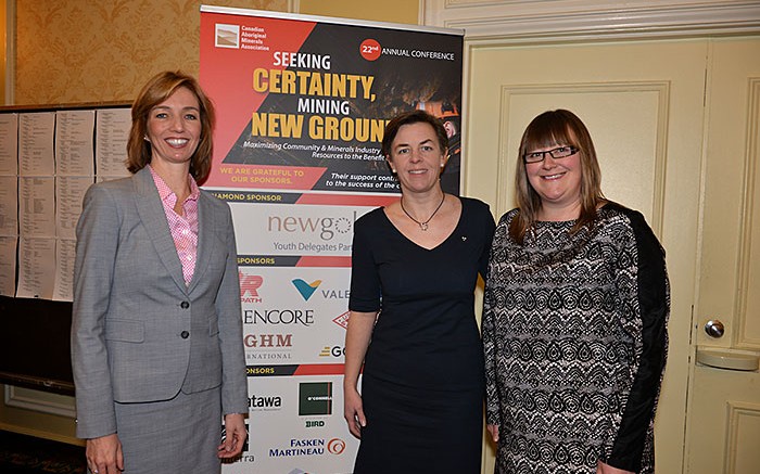 Kellie Leitch (centre), Canada's Minister of Labour and Minister of Status of Women, at the 22nd annual Canadian Aboriginal Minerals Association conference in Toronto, with Women in Mining Canada's project manager Kelly Cooper (left), and president, Tabetha Stirrett. Credit: Status of Women Canada