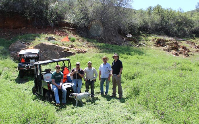 In the field at California Gold's Fremont gold project in Mariposa County, California, from left: Jason Scherf, field technician; Bryan Alexander, field technician; Jean-Francois Ravenelle, SRK geologist; Cary Griffith, on-site manager; and Simon Cliffe, SRK. Photo by Katie Lister.