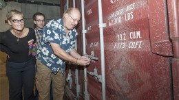 Mineralogy and geology technician Katherine Dunnell (left) and colleagues open the shipping container containing the Kirwin rock collection upon its arrival at the Royal Ontario Museum in September. Photo credit: Brian Boyle/ROM