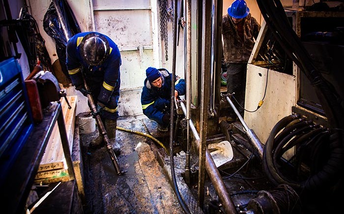 Drillers working a rig at Fission Uranium's Patterson Lake South uranium project in Saskatchewan. Credit: Fission Uranium