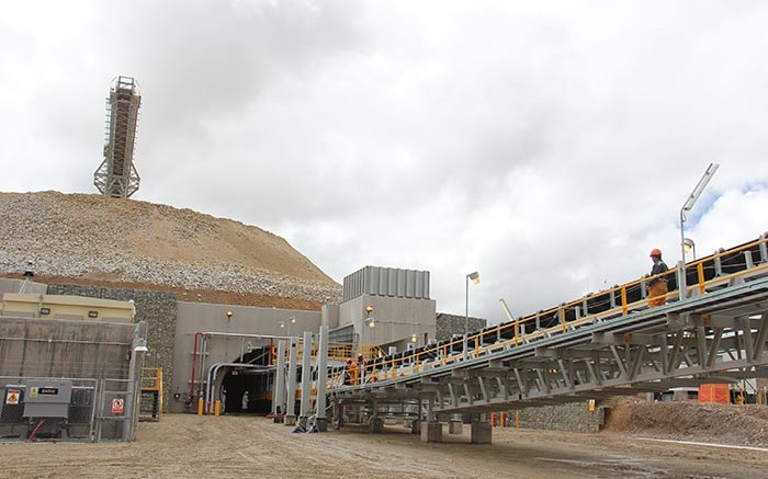 A conveyor moves ore out of the crusher at Hudbay Minerals' new Constancia copper mine in southern Peru. Credit: Hudbay Minerals