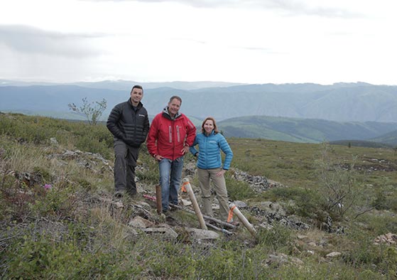 At Kaminak Gold's Coffee gold project in the Yukon, from left: Tony Reda, vice-president of corporate development; John Robins, chairman and director; and Eira Thomas, president and CEO. Credit: Kaminak Gold