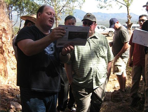 Soltoro president Andrew Thomson (left) leads a tour of the El Rayo silver project in 2011. Photo by Salma Tarikh