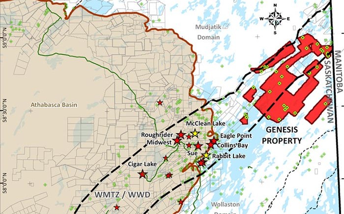 The 2,000 sq. km Genesis project straddles the Wollaston-Mudjatik transition zone and extends 90 km due northeast to the Manitoba border. Source: Kivalliq Energy