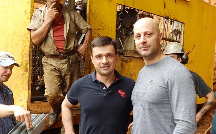 Nordgold CEO Nikolai Zelenski (left) and Columbus Gold CEO Robert Giustra at a drill site at the Paul Isnard gold project in French Guiana. Credit: Columbus Gold