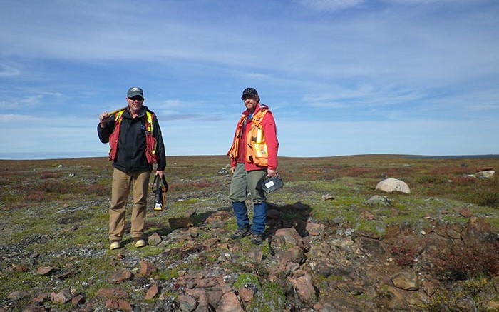 Kivalliq Energy exploration manager Bill Cronk (left) and geologist Jacques Stacey at the Angilak uranium property in Nunavut. Credit: Kivalliq Energy