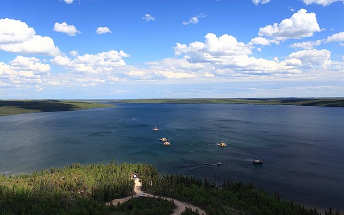 Drill rigs on barges at Fission Uranium's Patterson Lake South uranium project in Saskatchewan.  Credit: Fission Uranium