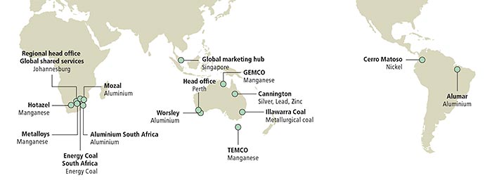 A map showing assets that have been spun of out BHP Billiton into the new company South32.  Credit: South32