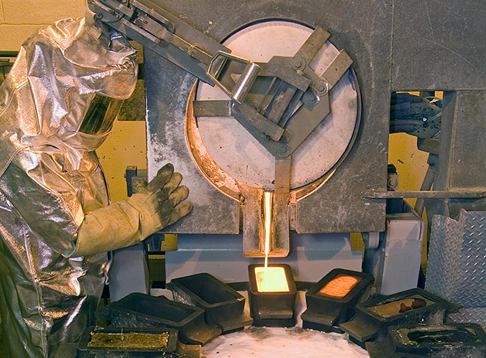  A worker pours gold at Barrick Gold's refinery at the Goldstrike gold mine in Nevada. Credit: Barrick Gold