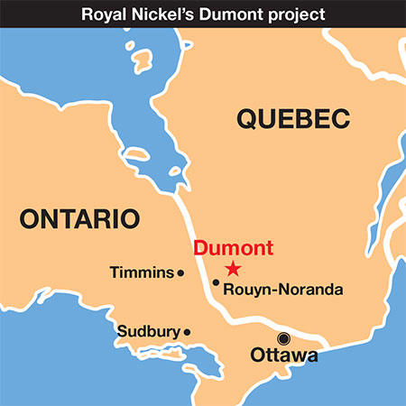 A map of Royal Nickel's Dumont project in Quebec.