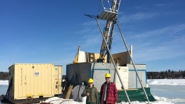 Christina Taylor (left), project geologist, and Max Porterfield, Callinex Mines' CEO, at a drill site in March 2015 at the Pine Bay copper project in Manitoba. Source: Callinex Mines