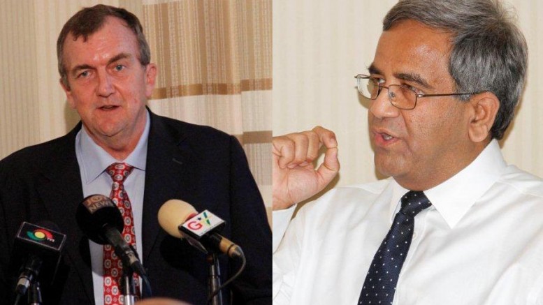 Mark Bristow (left), Randgold CEO, and Srinivasan Venkatakrishnan, Anglogold Ashanti CEO, at the press conference announcing the Obuasi deal in Ghana. Source: AngloGold Ashanti