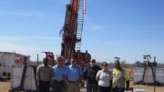 Posing by a drill rig at Khoemacau's Mango zone, from left: Khoemacau operations manager Mompati Babusi; Cupric Africa head of exploration John Deane; Cupric Africa CEO Sam Rasmussen; Cupric Canyon Capital director Stephen Enders; Cupric resource geologist Cathy Knight; Khoemacau country manager Johannes Tsimako.