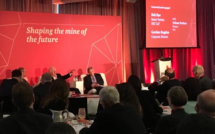 The 'Connected and Engaged' panel, featuring Bob Rae, Gordon Bogden  and Nelson Switzer at Mega Mining Minds 2015. Photo by The Northern Miner.