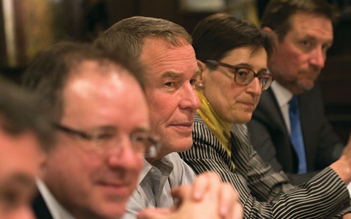 At the TNM Roundtable at the Montecito restaurant in Toronto, from left: Andrew Cheatle, executive director of the Prospectors & Developers Association of Canada; Geoff Burns, director at Pan American Silver; Catharine Farrow, CEO of TMAC Resources; and Charles A. Jeannes, president and CEO of Goldcorp. Photo by Stephen Ferrie.