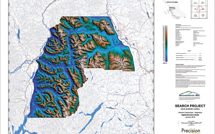 A map showing the elevation of the 6,700 sq. km region where Geoscience BC conducted an airborne magnetic survey in west-central British Columbia.Credit: Geoscience BC