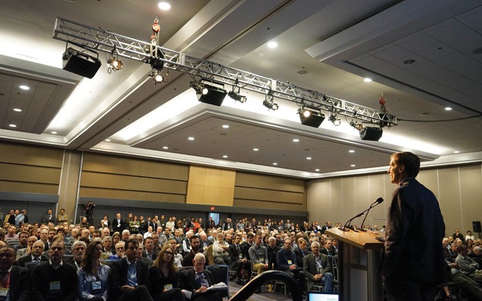 Delegates listen to a talk at AME BC's Roundup at the Vancouver Convention Centre last month. Credit: AME BC