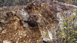 A skarn outcrop, running 1.5 km through Secova Metals' Duvay gold project, near Amos, Que., in the Abitibi belt. Credit: Secova Metals