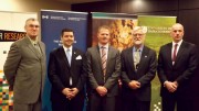 Following the research cluster announcement in Saskatoon, from left: Al Shpyth, IMII executive director; Jeremy Harrison, Saskatchewan's Minister Responsible for Innovation; Todd Steen, general manager of Agrium's Vanscoy potash mine; Jim Basinger, University of Saskatchewan associate VP of research; and David Malloy, University of Regina VP of research. Credit: IMII