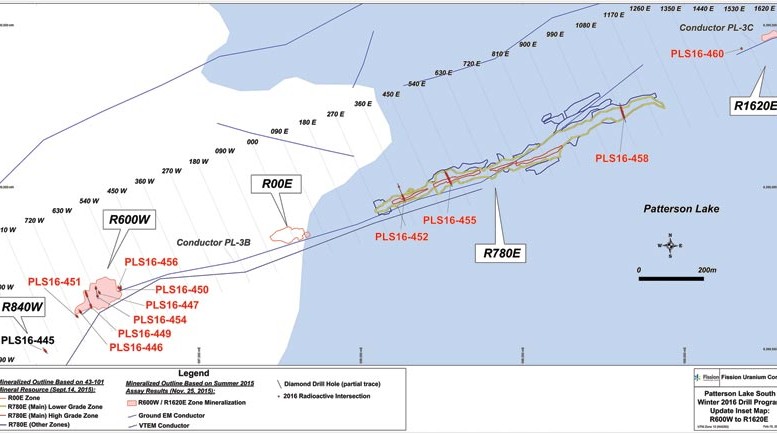 A drill hole map with holes from Fission Uranium’s winter 2016 campaign at the Patterson Lake South uranium project in northern Saskatchewan. Credit: Fission Uranium