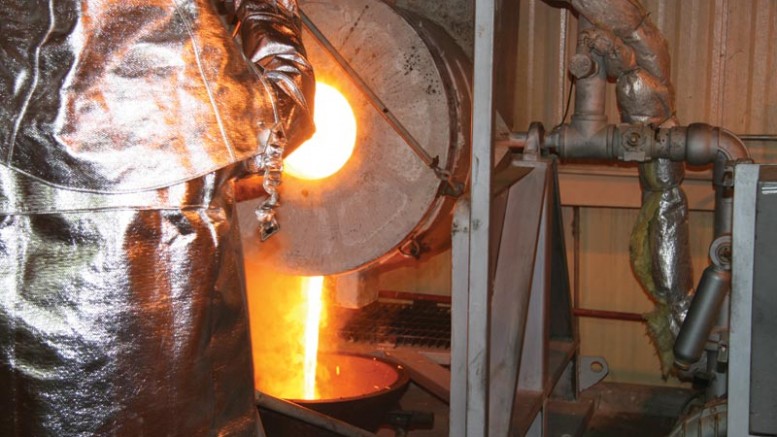 Pouring a doré bar at the San Francisco gold mine in Mexico in 2011. Credit: Timmins Gold