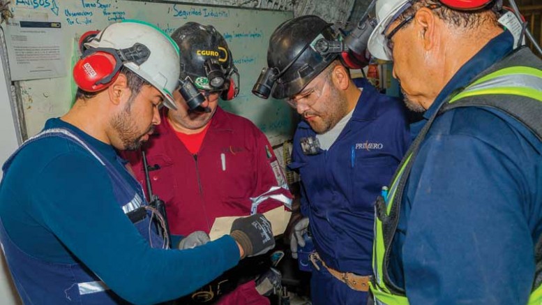 An underground safety and coordination meeting in Primero Mining’s San Dimas gold-silver mine, 125 km northeast of Mazatlan, Mexico.  Credit: Primero Mining.