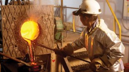 A worker pours gold at Eldorado Gold’s White Mountain mine in China’s Jilin province. Credit: Eldorado Gold.