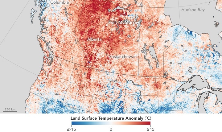 Map showing land surface temperature from April 26 to May 3, 2016, compared to the 2000–2010 average for the same one-week period. Red areas were hotter than the long-term average. Credit: NASA Earth Observatory.